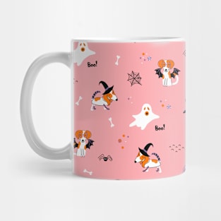 Childish Halloween illustration with dogs in carnival costumes. Mug